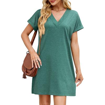 Women's Spring/summer V-neck Splicing Solid Color Short-sleeved Casual Dress