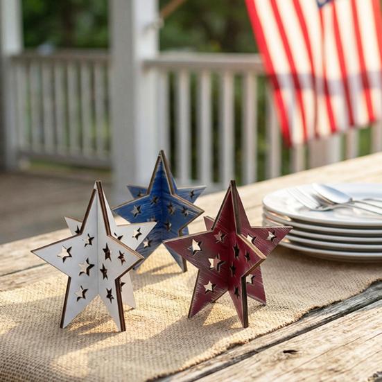 Wooden Independence Day Ornament, 3D Spliced Stars Red White Blue Patriotic Decoration, Fourth of July Decoration