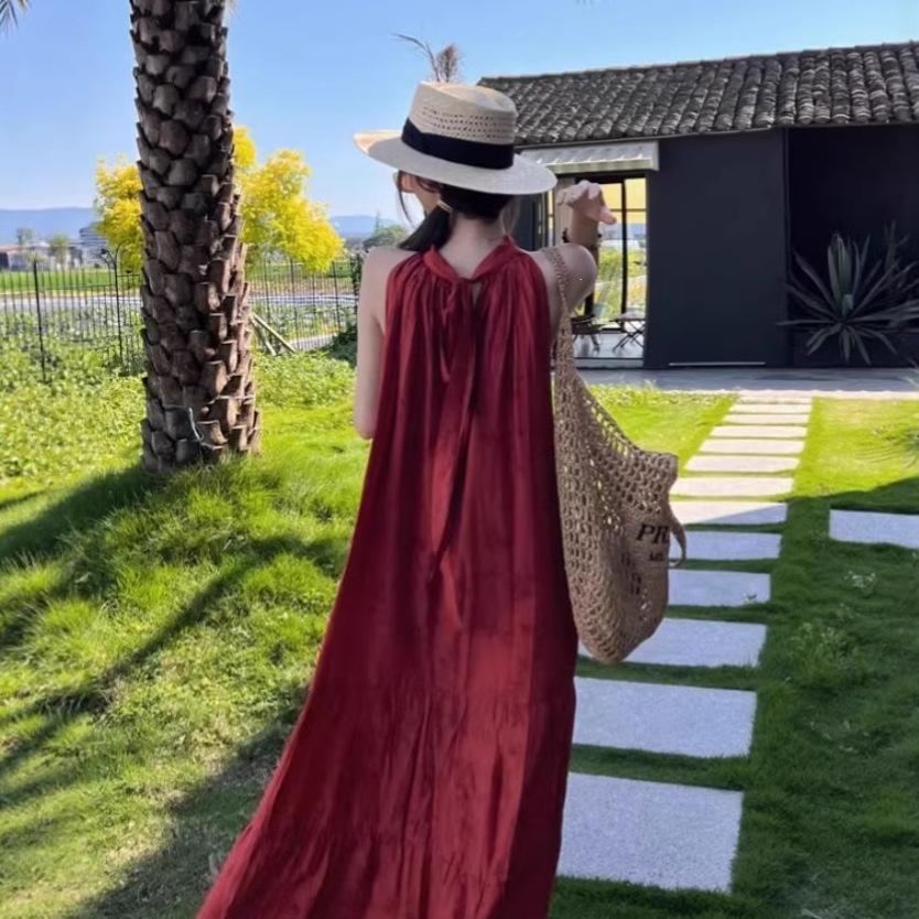 New Chinese Retro National Style Jacquard Red Neck Dress Women's Summer Seaside Vacation Temperament Big Pendulum Long Skirt