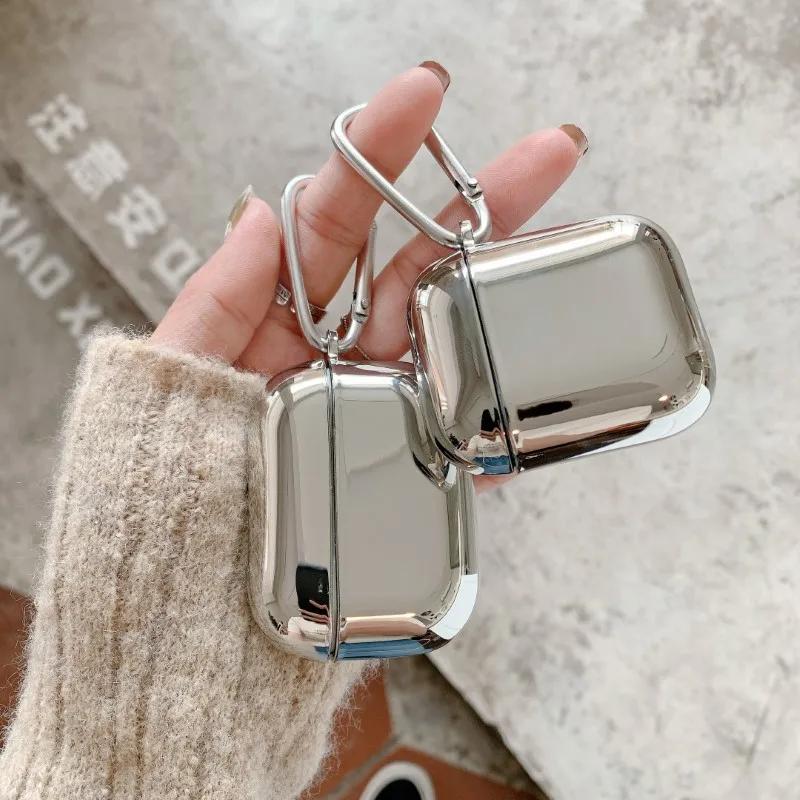 Suitable For Apple AirPods 1 2 3 4 Pro 3 2 Earphone Cover Protective Case Electroplated Mirror Simplicity Silver Case With Hook