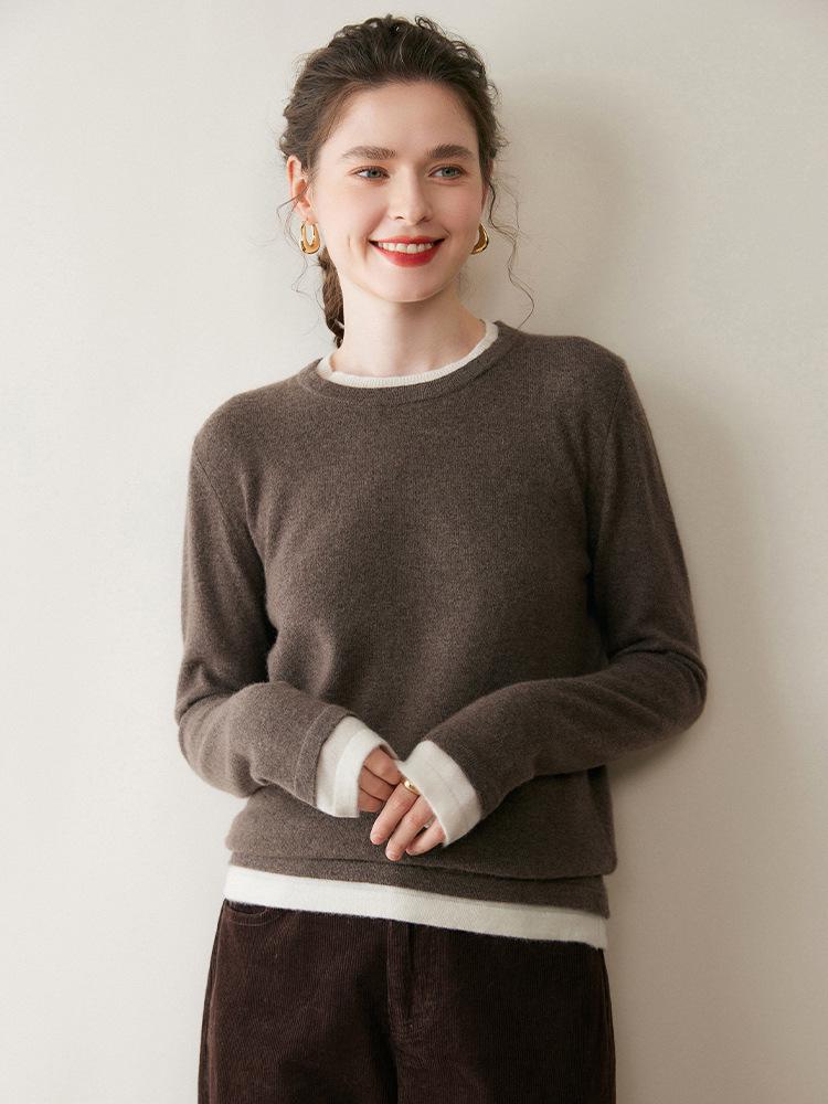 Women's Contrast Color Fake Two-Piece Cashmere Knit Sweater - Loose Fit, Round Neck, Autumn Winter Top
