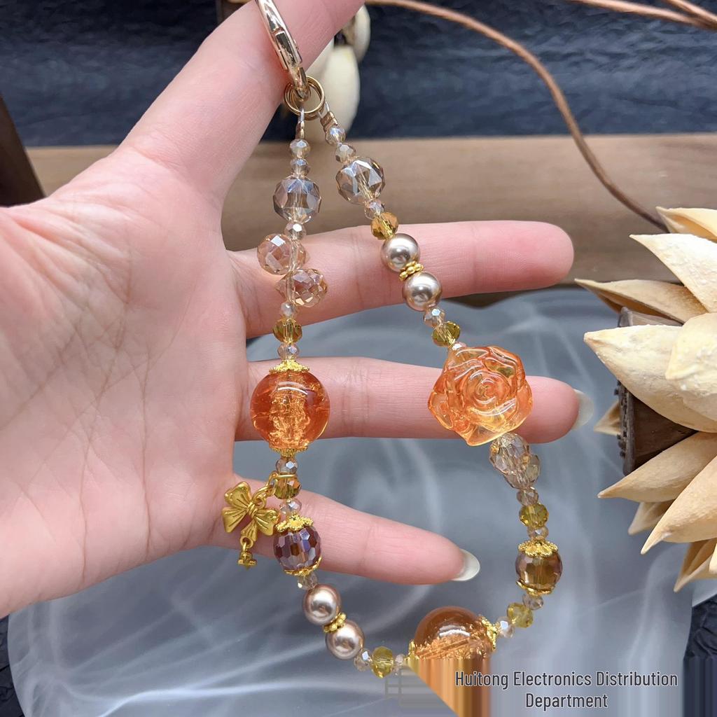 Handgjord Retro Blomma Kristall Telefonband & Nyckelring - Genomskinlig Ros Pärlberlock för Väskor