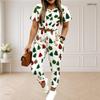 Women Plus Size Two Piece Set Round Neck Short Sleeve Ghost Printed White Crop Top Drawstring Cuffed Pants