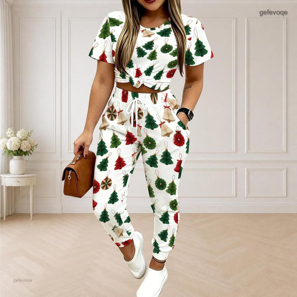 Women Plus Size Two Piece Set Round Neck Short Sleeve Ghost Printed White Crop Top Drawstring Cuffed Pants