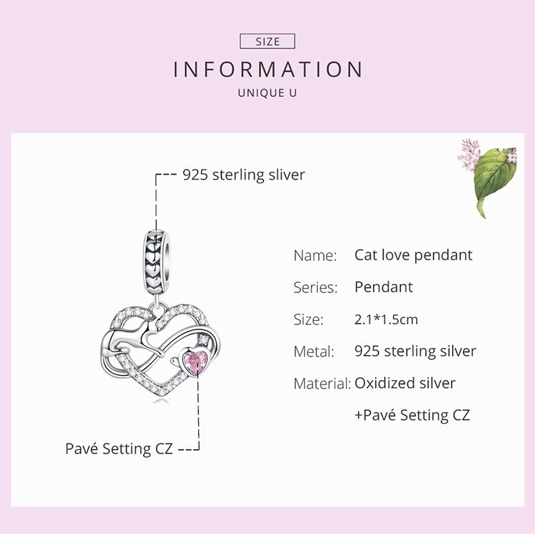 WOSTU 925 Sterling Silver Cute Heart Cat Pendant Charm Beaded for Women Fit Original DIY Bracelet Necklace Jewelry Gift