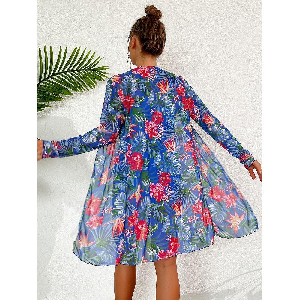 Kvinner tredelt bikinisett Høy midje shorts badedrakter Langermet utskrift Cover Ups Beach Biquinis feminino