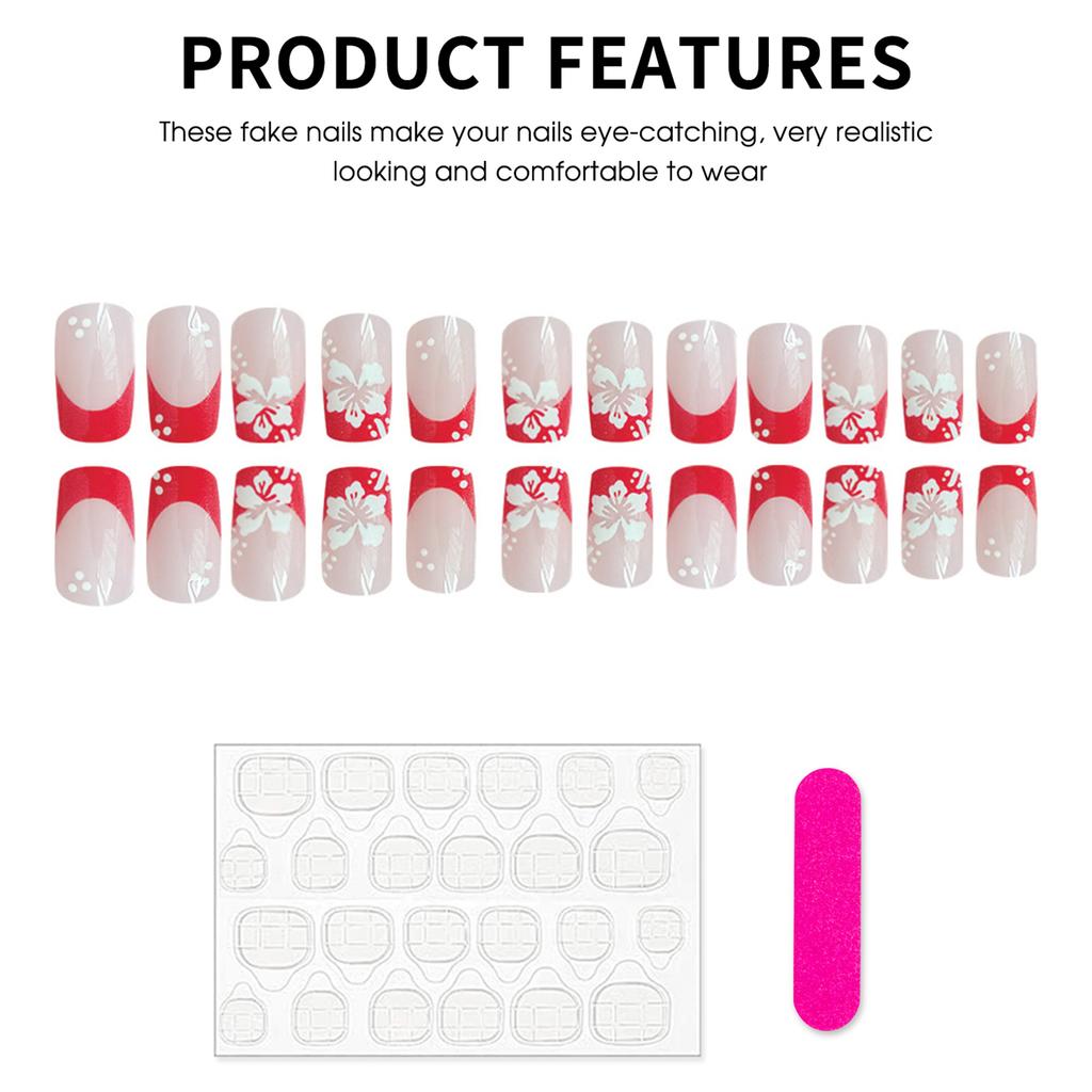 24PCS French False Nails with Red Tip and Flower Printed Reusable Fake Nails for Women Wedding Party Fashion