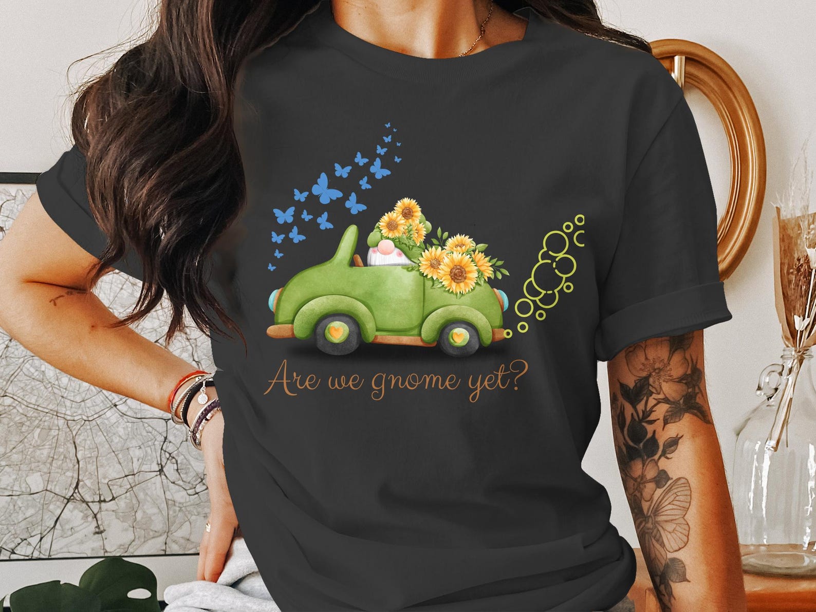 Cute Gnome T-Shirt, Whimsical Gnome Graphic Tee, Fun Gnome Car Design, Gnome Lovers Shirt, Graphic Tee for Spring, Novelty Gift Top XL
