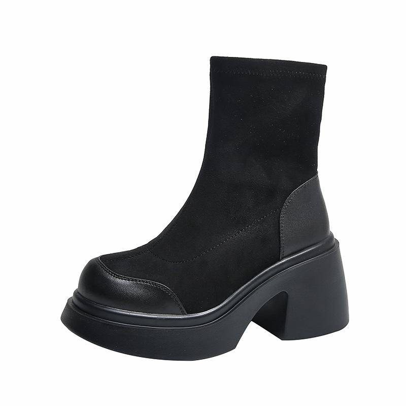 Kurze Stiefel Damen Herbst und Winter 2024 neue hochelastische Stiefel dünne Stiefel dicker Absatz dicke Sohle mittelschwere Stoffstiefel
