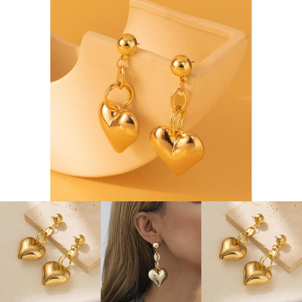 Fashion-forward Heart Pendant Earrings Gold Plated Studs Stylish Retro Geometric Design