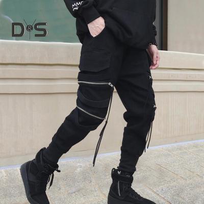 Herren Cargohose mit Riemen und Reißverschluss, lockere Knöchelpartie, mittelhohe Hose, einfarbig, mehrere Farben, Hip Hop Streetwear, Outdoor, Reisen, Sporthose