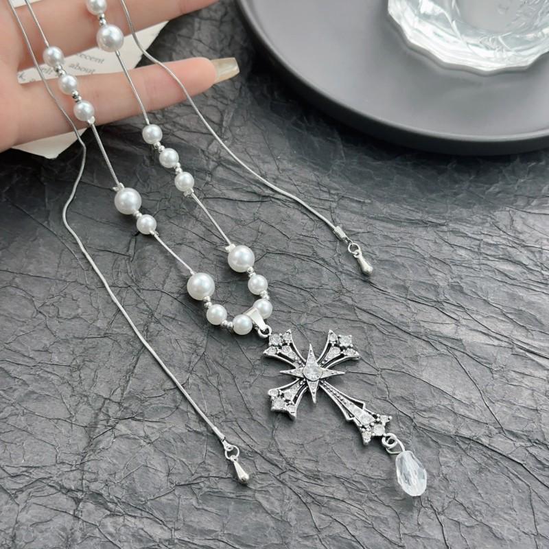 Minimalist Chic Layered Necklace With Cross Pendant Beads Alloy Chain Women 2025 Fashion Accessory Pearl Cross Pendant Necklace 2025-233