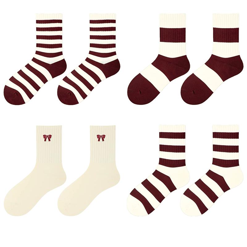 Ancora Women's Mid Tube Pure Cotton Socks Korean Style Bow Embroidery  Warm Breathable Festive New Year Girls Socks