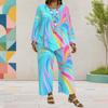 Women Plus Size Round Neck Long Sleeve Printed Layered Top And Wide Leg Cropped Pants Two Piece Set