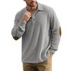 Autumn Winter Men Waffle Rib Knit Polo Shirts Contrast Suede Elbow Patches Lapel Collar Button Placket Vintage Long Sleeve Corduroy Textured Tops