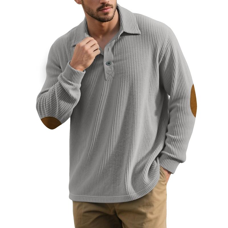 Autumn Winter Men Waffle Rib Knit Polo Shirts Contrast Suede Elbow Patches Lapel Collar Button Placket Vintage Long Sleeve Corduroy Textured Tops