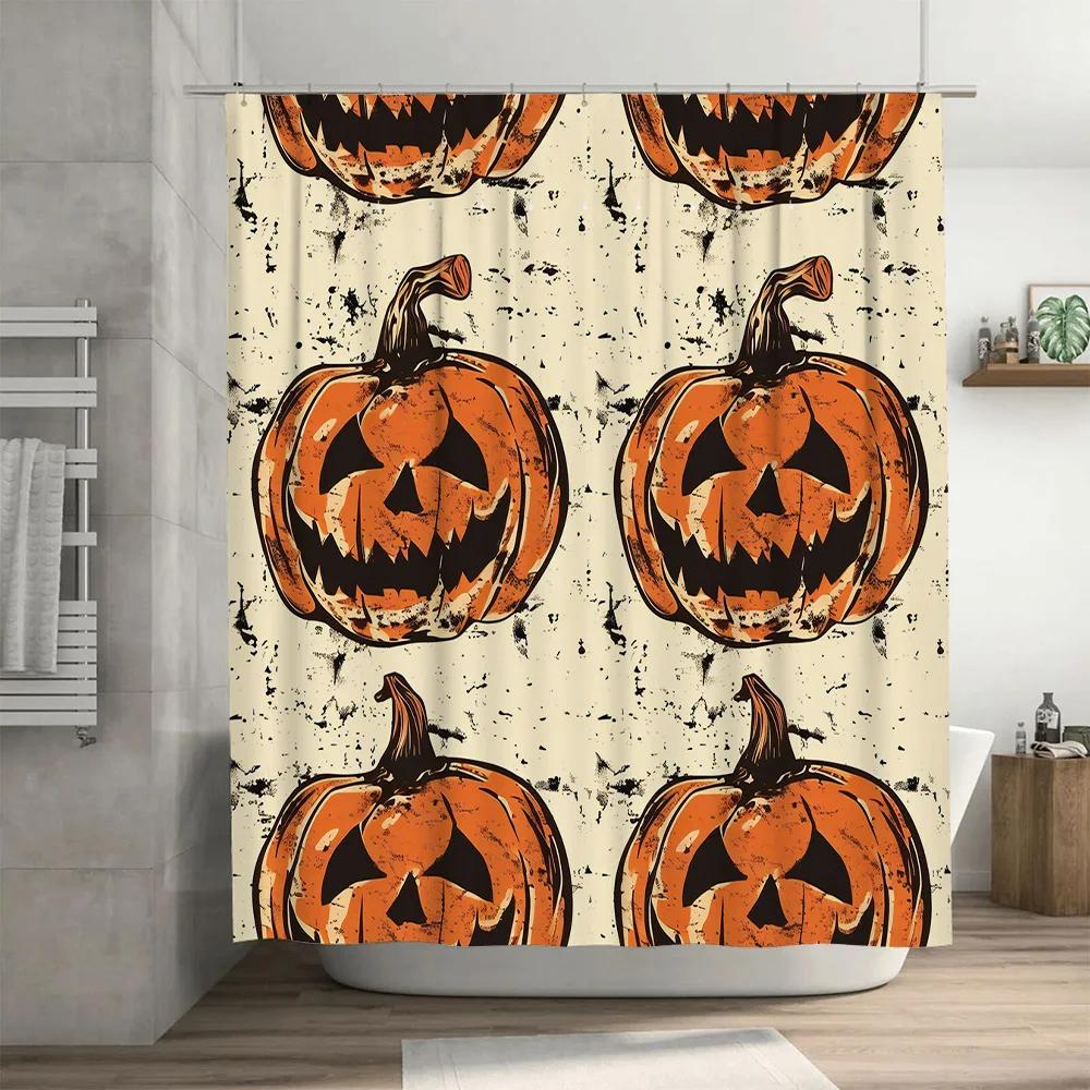 Halloween Pumpkin Shower Curtain Set of 2 Panels for Bathroom Decor, Festive Orange Color with Scary Jack-o-Lanterns