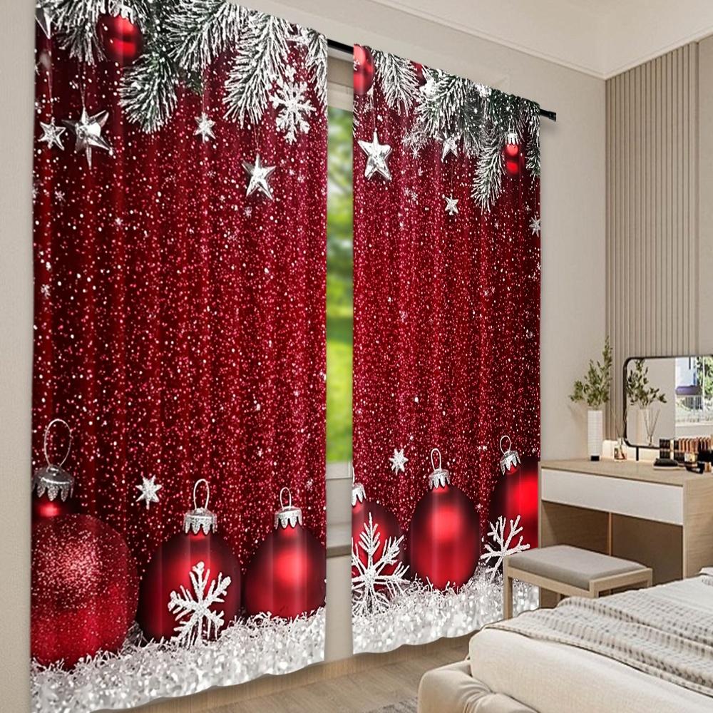 2D flat printing 2pcs Christmas curtains Christmas Red Ball Digital Printed Polyester Drapes Birthday Party Perfect for Parties