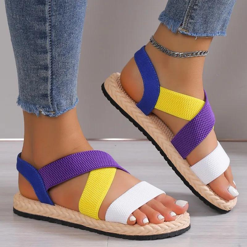 Fashion Ladies Shoes 2025 Hot Sale Elastic Band Women's Sandals Summer Open Toe New Color Matching Plus Size Light Concise Flat Sandals