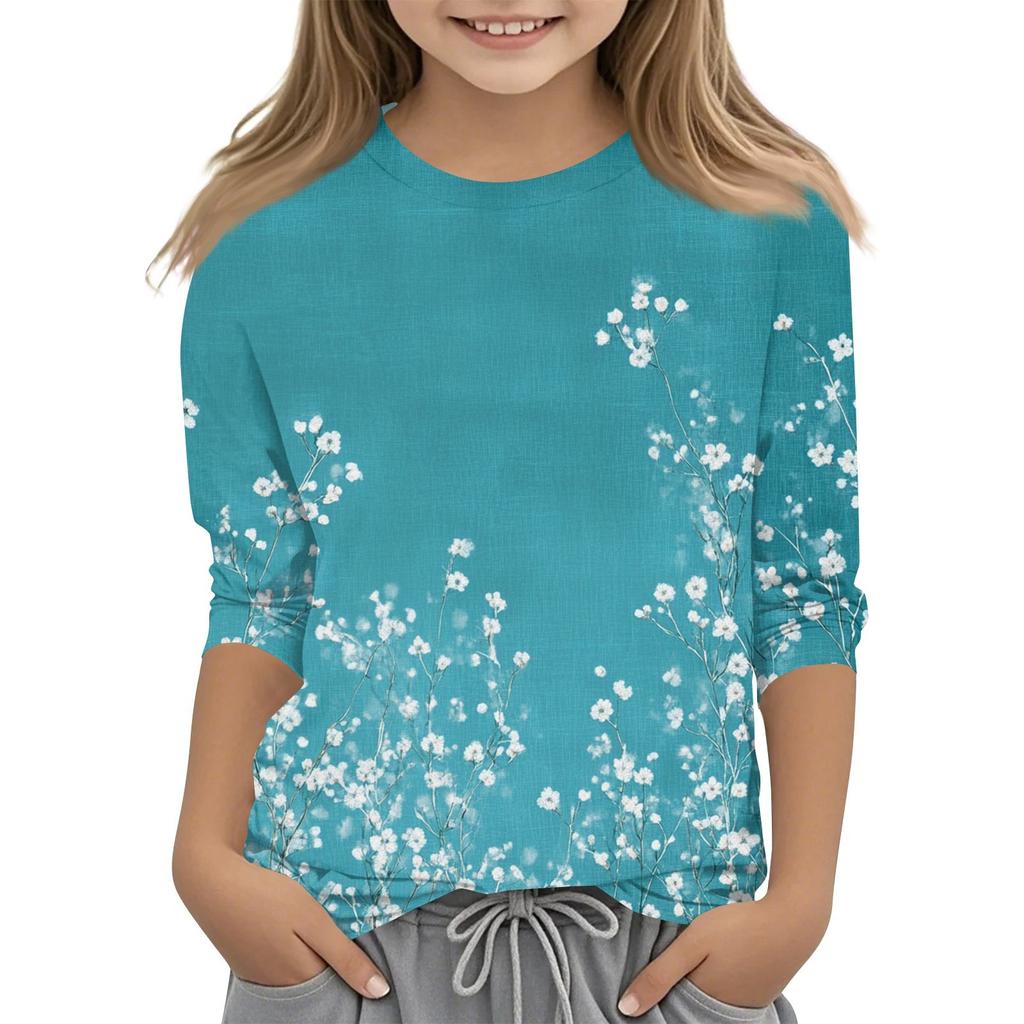 Camiseta infantil estampada com mangas 3/4 e gola redonda casual para o dia a dia