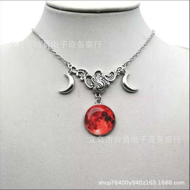 Triple Moon Silver Necklace with Full Moon and Crescent Pendant