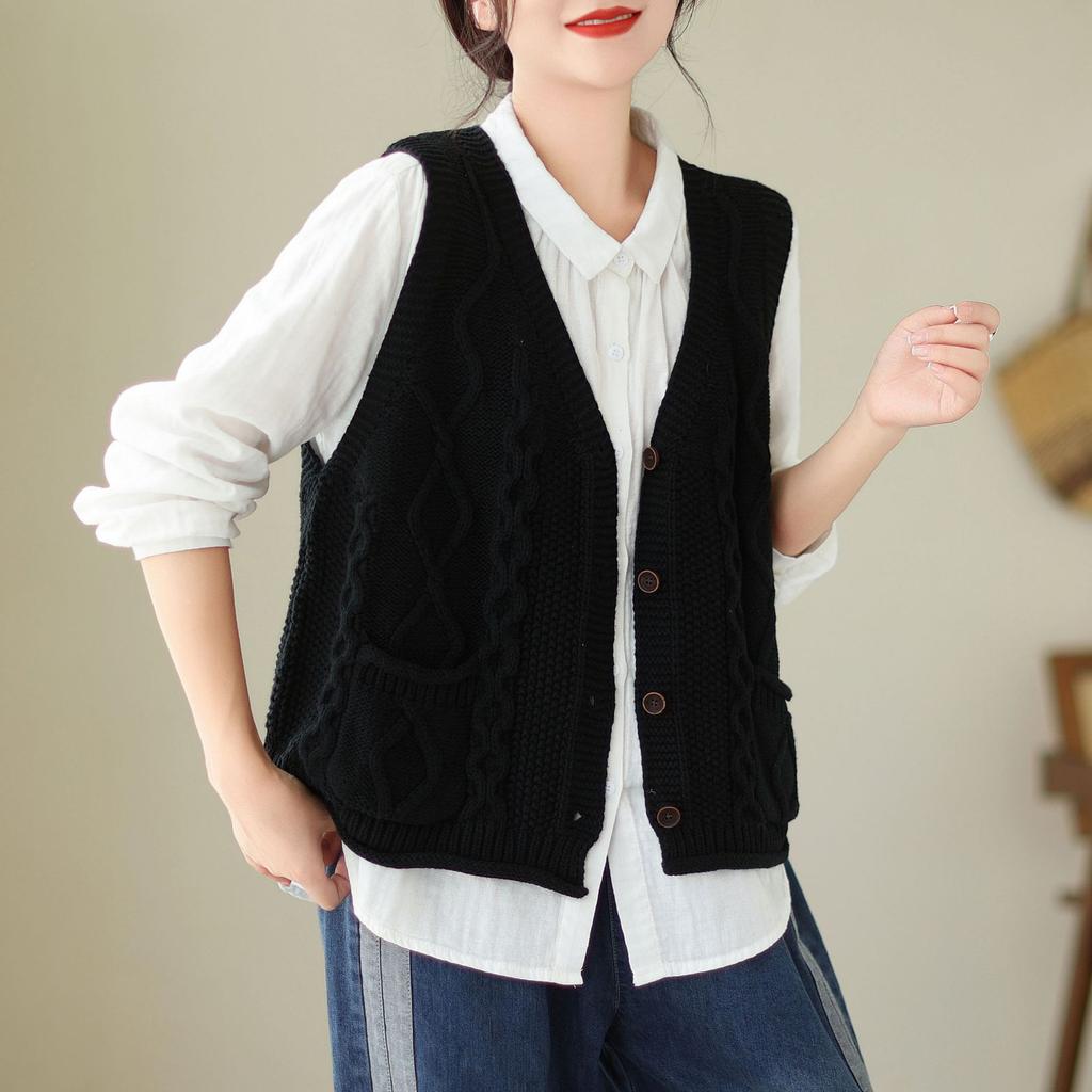 Johnature Women Vintage Sweaters Vests V-Neck Sleeveless Patchwork Pockets Coats Knitted Cotton Clothes Fall Sweaters
