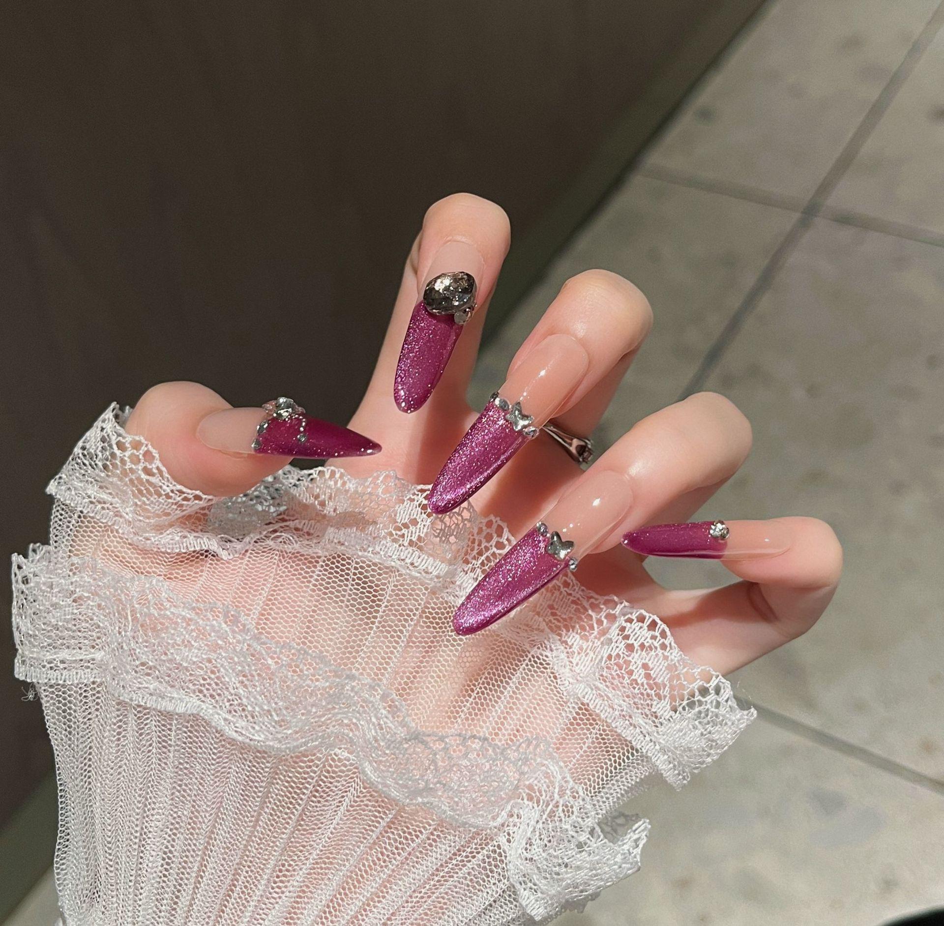 Thin Dog Explosion Flash Nail Art: Handmade Cat Eye Purple Zircon Nails with High-End Feel Bagged XS