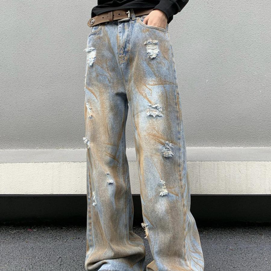 American high street washed old dirtyfit jeans men's and women's retro loose drape wasteland wind mopping trousers