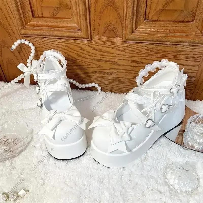 Fashion Lace Bowknot White Lolita Shoes for Women 2025 Heart Buckle Platform Mary Janes Woman Japanese Style Patent Leather Jk Shoes