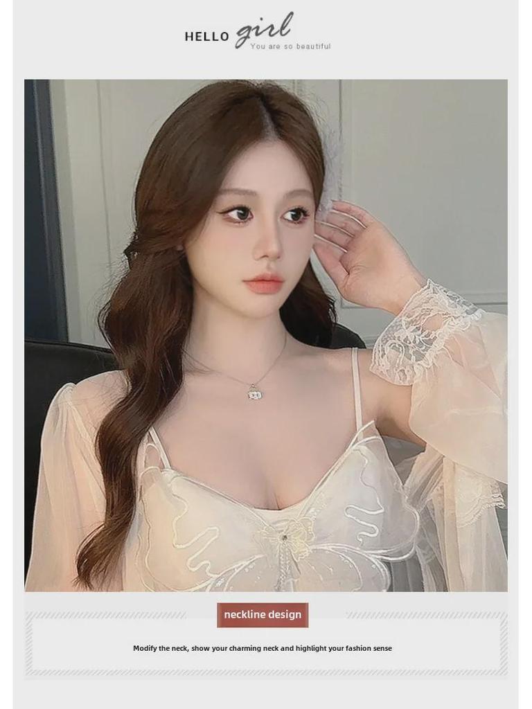 Women's Sexy Large Size Silk Suspender Pajama Set with Butterfly Crystal Sequins & Chest Pads