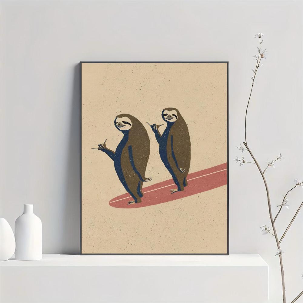 Vintage Cartoon Surfing Animals Surfing Sloth Frog Racoon Zebra Poster HD Posters Room Bar Cafe Decor Art Wall Painting Picture