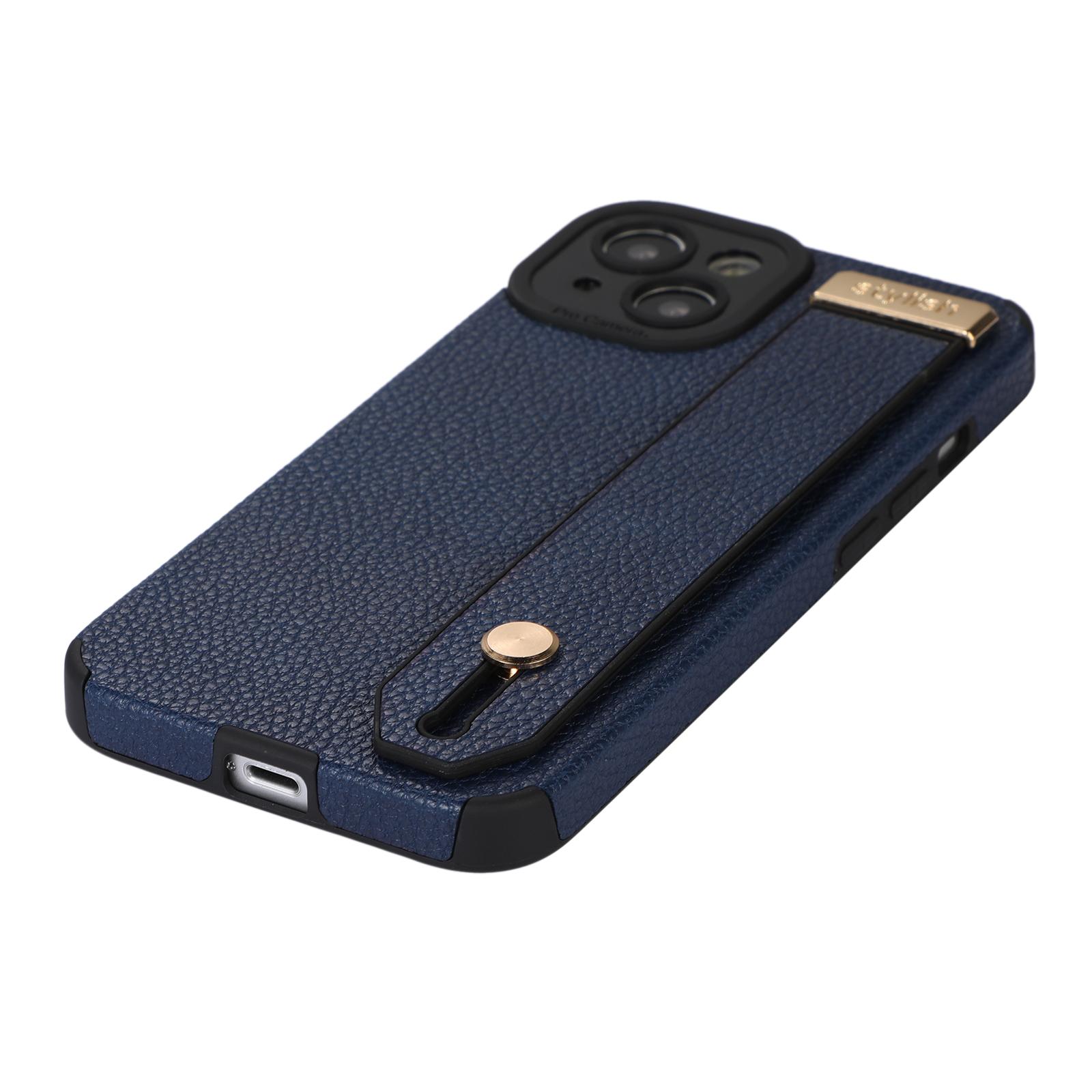 

For iPhone 13 Case Kickstand Wrist Strap Textured PU Leather+TPU Phone Cover Black