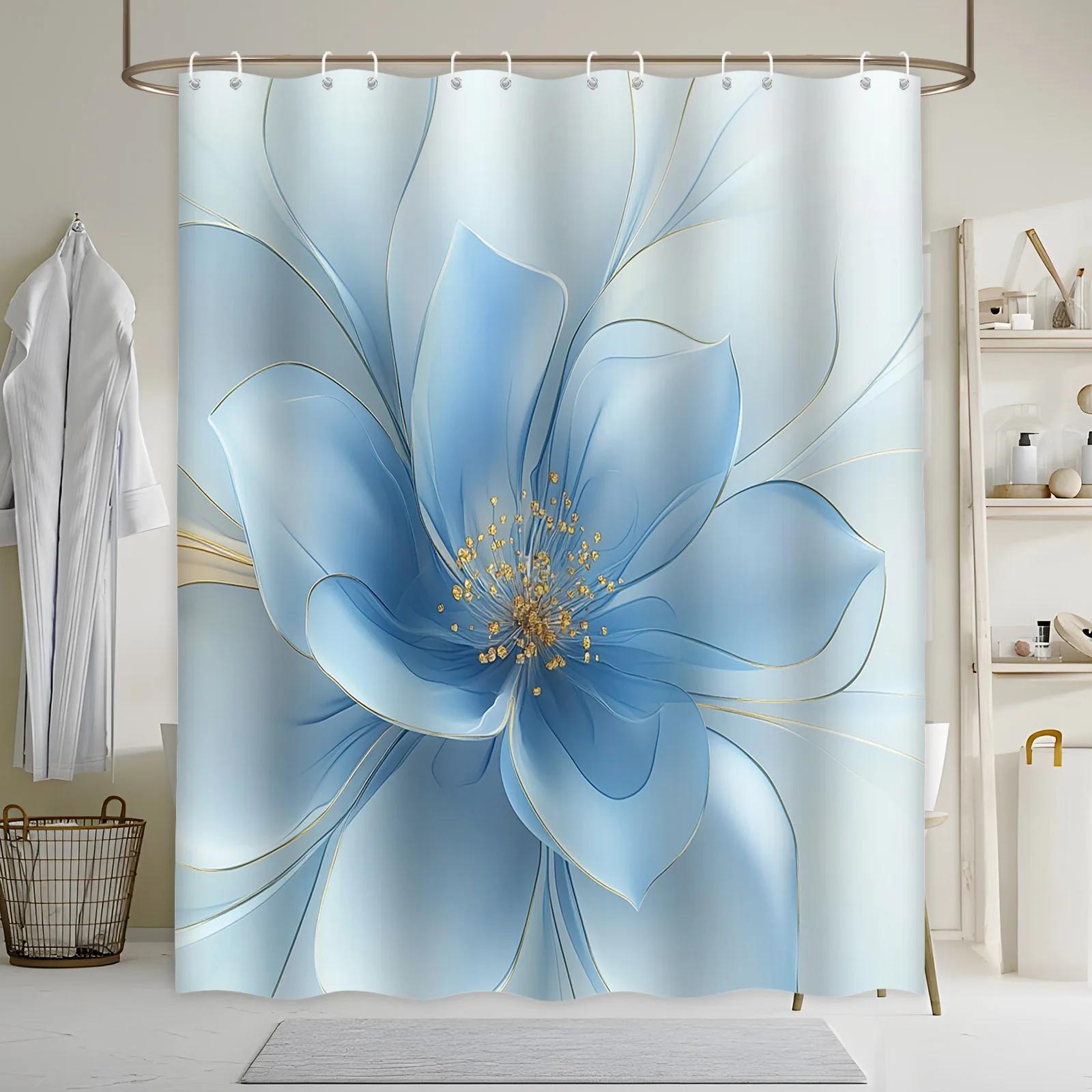 Elegant Blue Flower Bath Curtain - Golden Yellow Center, Minimalist Realistic Illustration, Gradient Background W90xH180cm