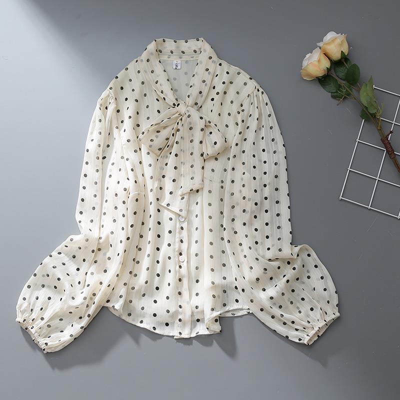 Camisa de manga comprida com bolinhas, laço feminino, fita, manga lanterna, retrô, Hong Kong, damasco, chique, top