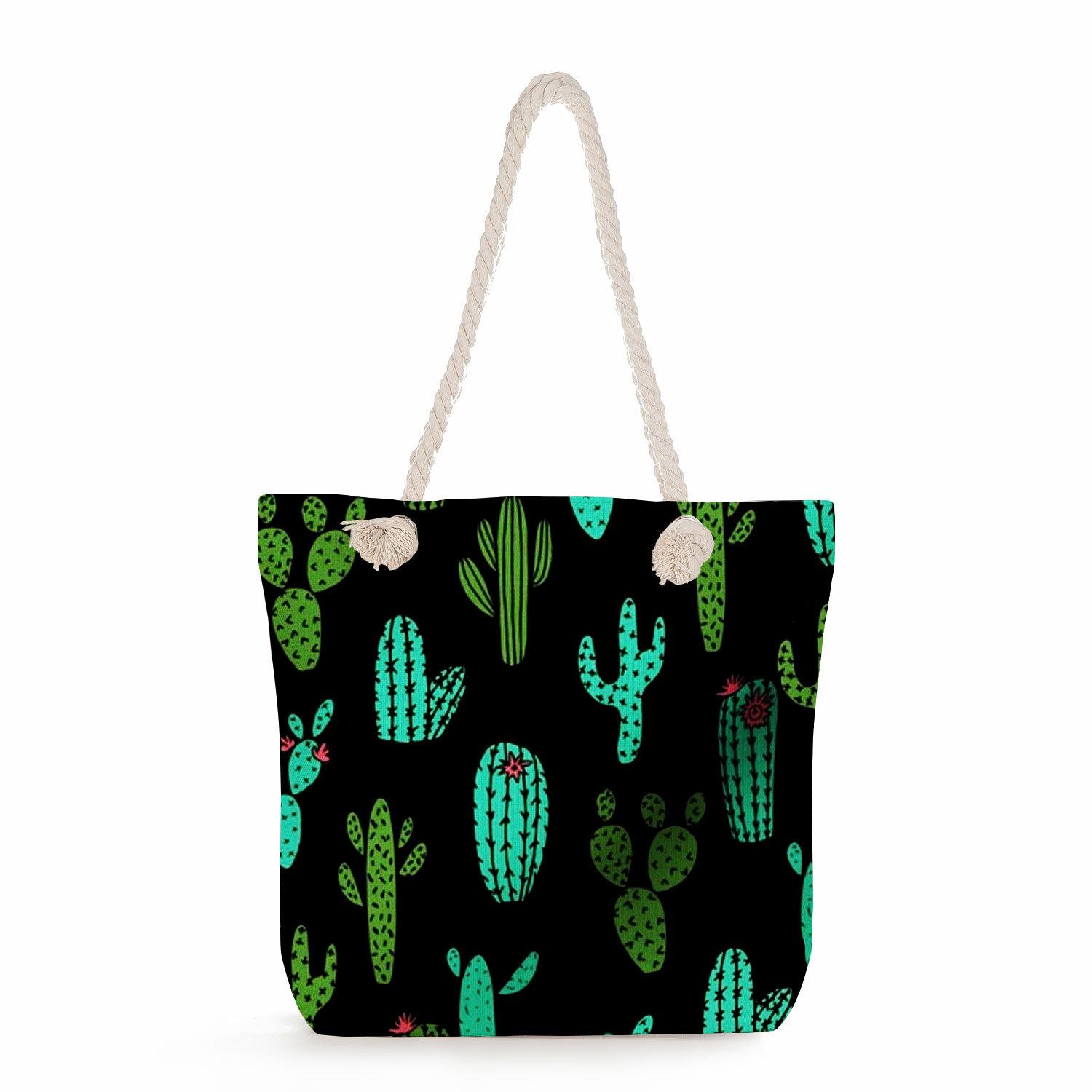 Cactus print thick rope single-shoulder beach bag 7322