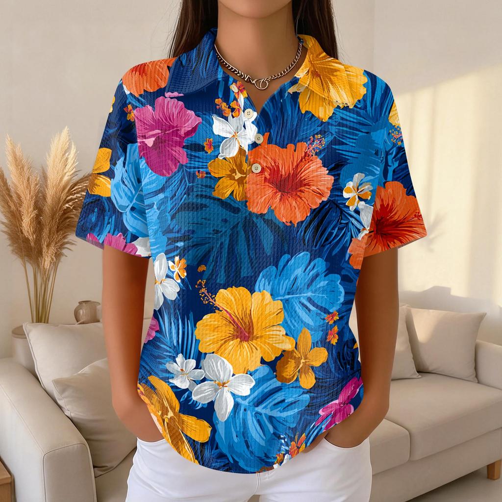 Women's Casual Short Sleeve Polo Shirt Waffle Texture Hawaiian Print Lightweight Summer Top with Buttoned Collar Relaxed Fit