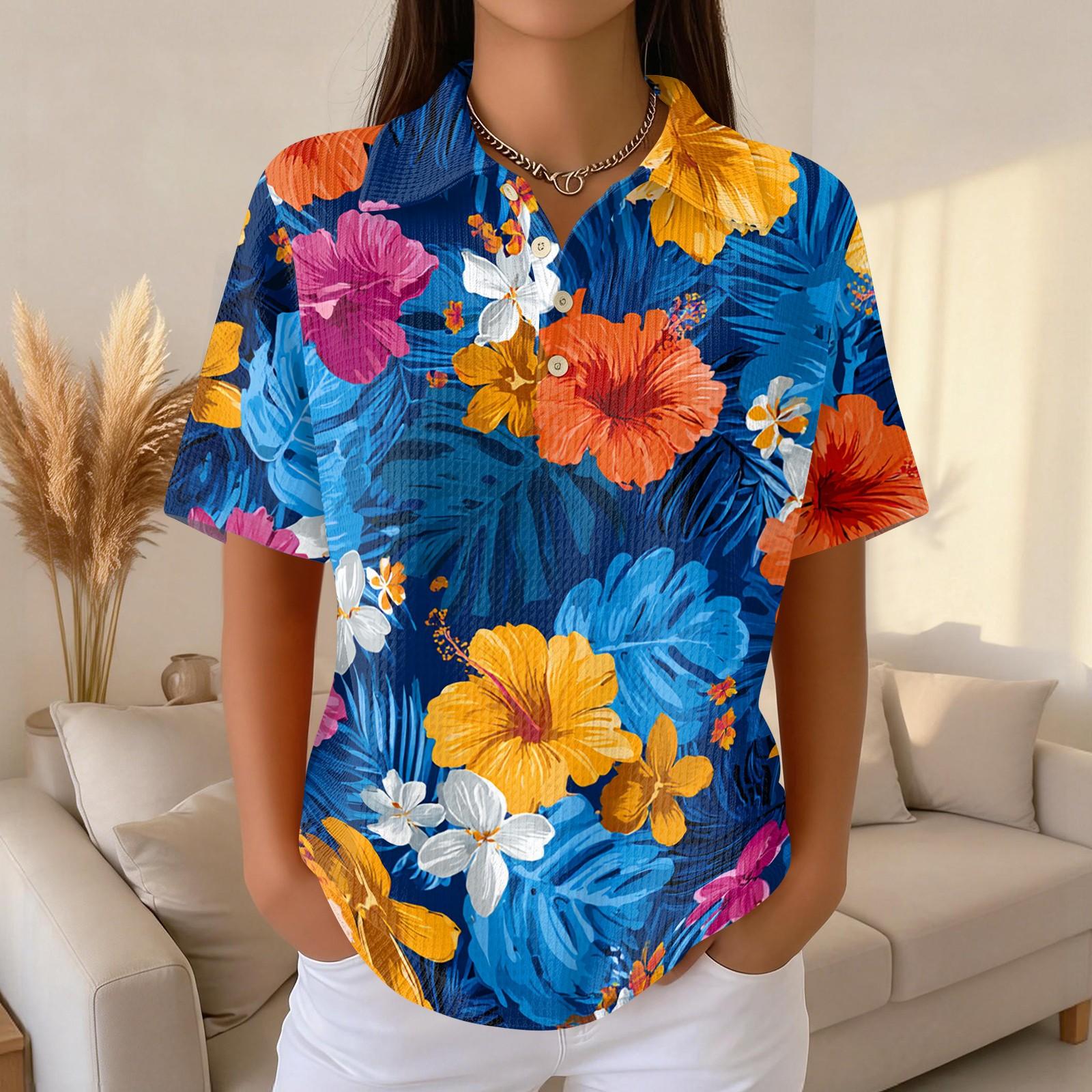 

Women s Casual Short Sleeve Polo Shirt Waffle Texture Hawaiian Print Lightweight Summer Top with Buttoned Collar Relaxed Fit XXL
