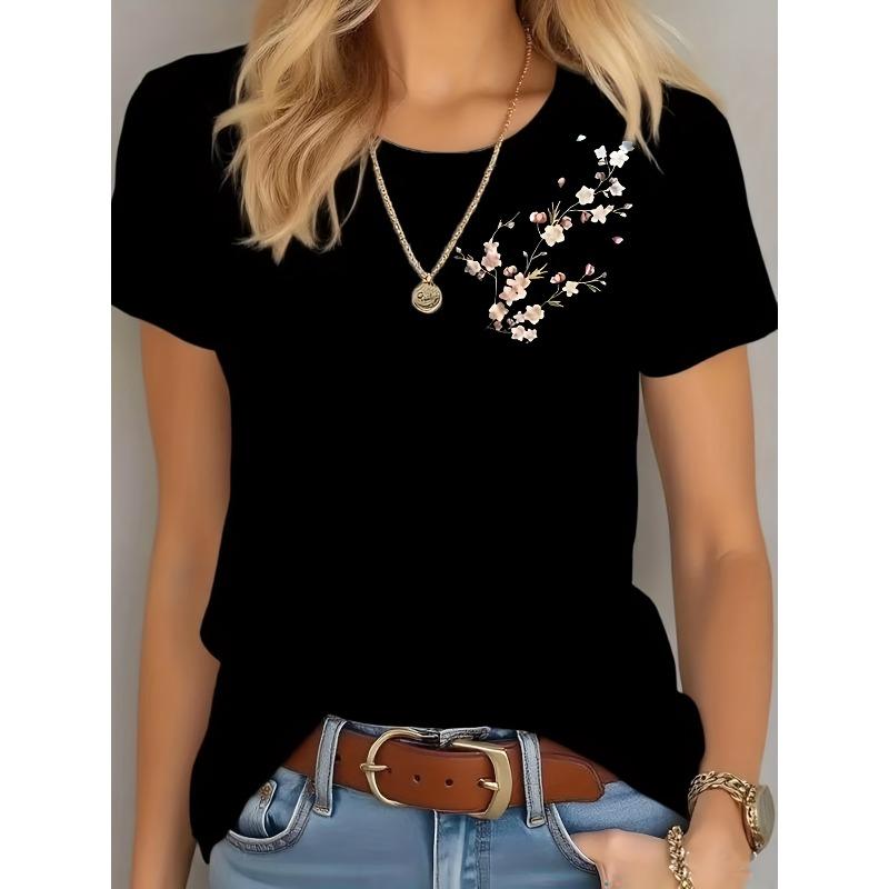 European Size Women's Comfy Blend T-Shirt with Floral Print - Casual Round Neck, Stretch Fit, Machine Washable