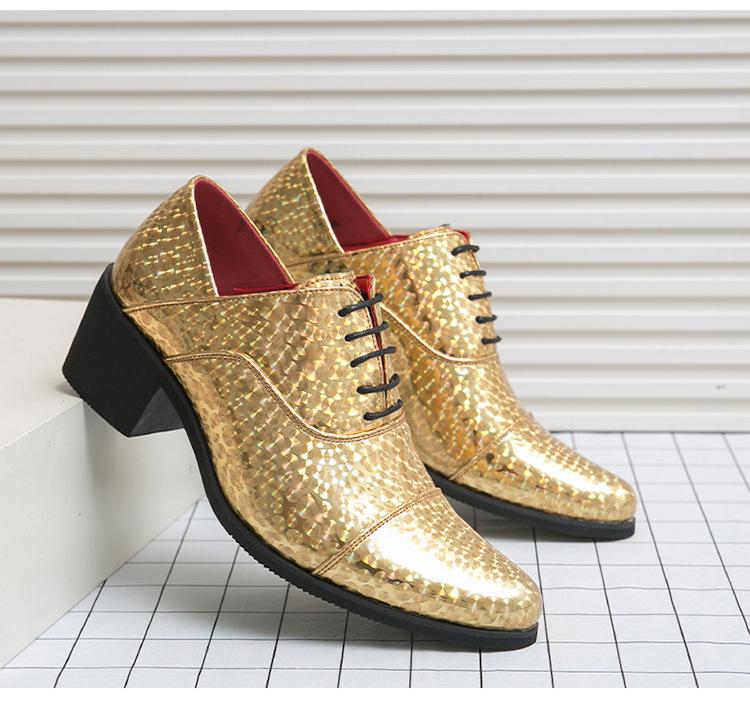 Men's Glossy Leather High Heel Shoes, Large Size, 6cm Height Increase, Trendy Nightclub Style for Spring and Autumn