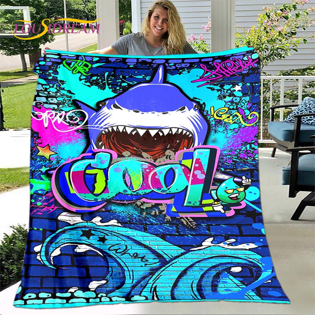 Coperta morbida in flanella con squali cartoni animati 3D, coperta da divano per soggiorno, camera da letto, letto, divano, copertura per picnic