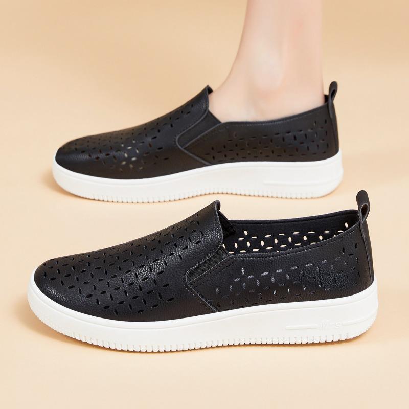 Hollow-out Women's Shoes, Breathable Perforated Thick-sole White Sneakers, Slip-on Lazy Soft-sole Casual Single Shoes.