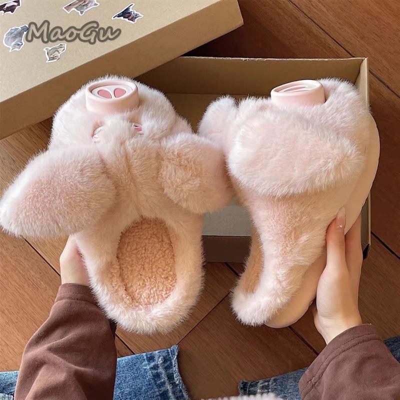 Fashion Cute Plush Pig Slippers for Women 2025 Autumn Winter Non-Slip House Shoes Warm Fleece Lined Cozy Slides Indoor Pantuflas Mujer