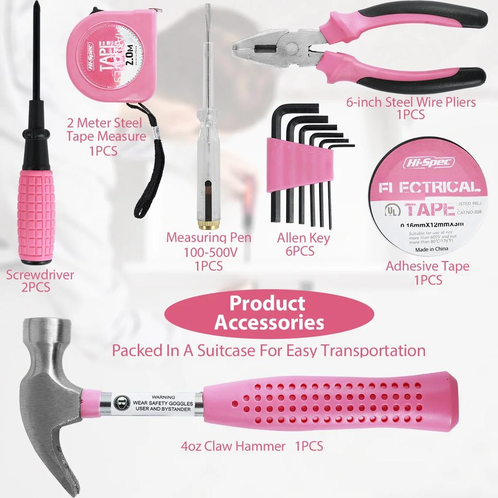 13/24Pcs Household Repair Tool Kit Multi-Purpose Pink Home Hand Tool Set Hammer and Allen Key with Electrical Tape Screwdriver
