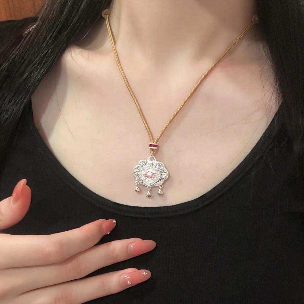 Butterfly Love Flower Double-Sided Lotus Peace Lock Long Sweater Chain Necklace for Women, Light Luxury High-End Pendant Accessory