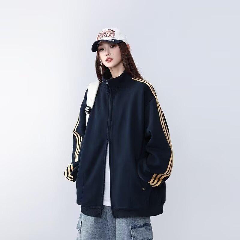Herbst und Winter Baseball Color Blocking Sweatshirt Langarm Fleecegefütterte und verdickte Vintage Loose-Fit Jacke Petite Top