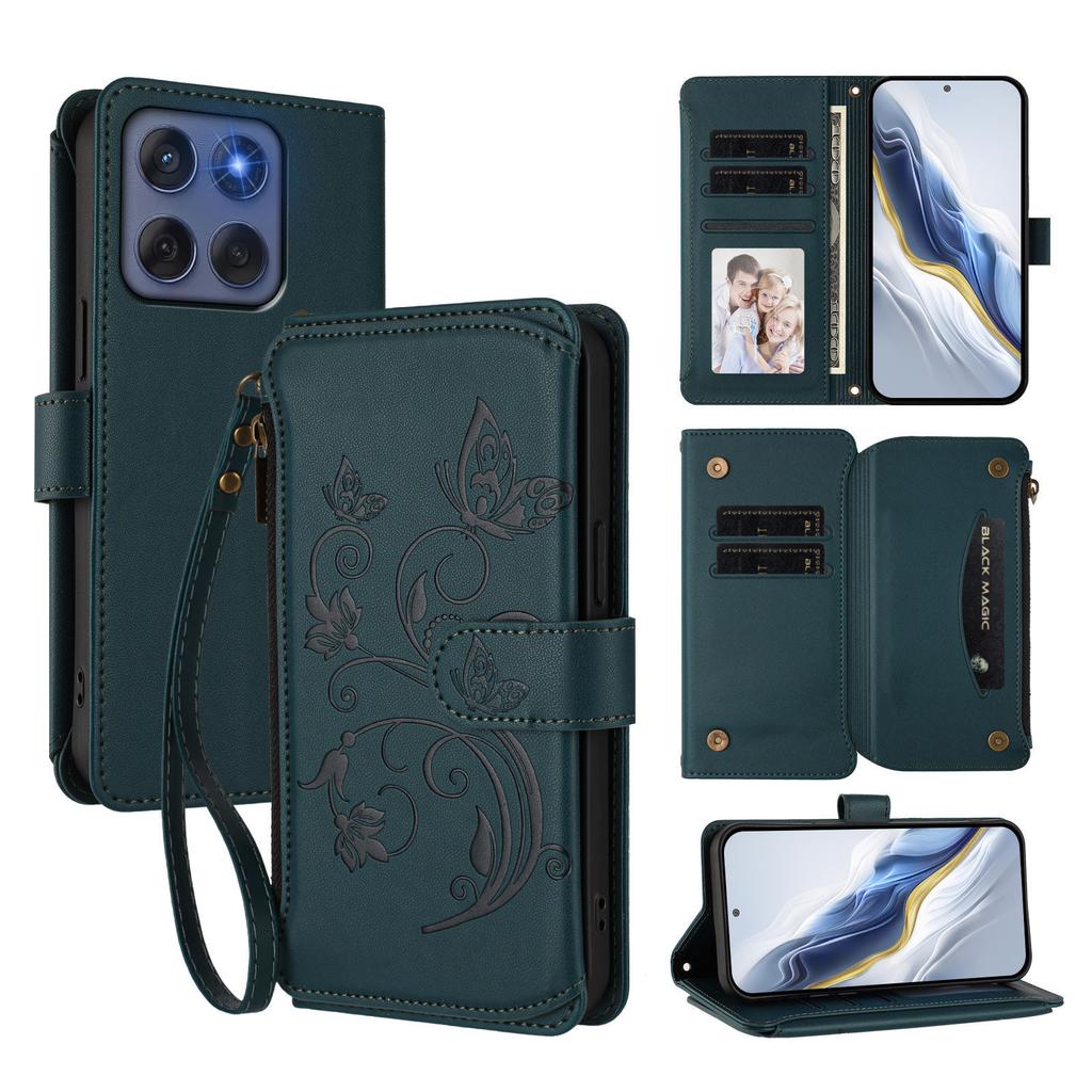 For Motorola Edge 60 5G/Motorola Edge (2025) 5G Leather Case Butterfly Floral Imprint Zipper Wallet Stand Cover with Wrist Strap