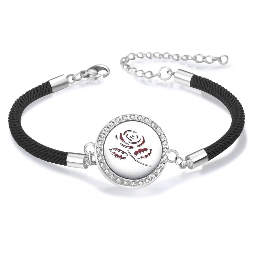 Diamond Inlaid Aroma Diffuser Bracelet: Adjustable Black Rope Wristband for Women