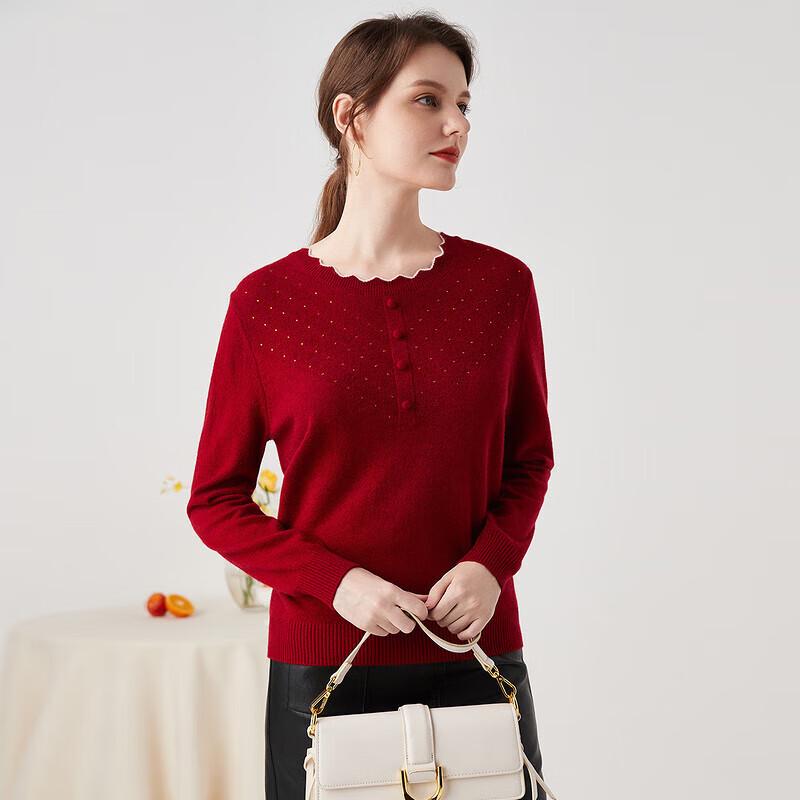 Zhaojun Women's Autumn/Winter Round-Neck Cashmere Sweater with Lace & Rhinestones