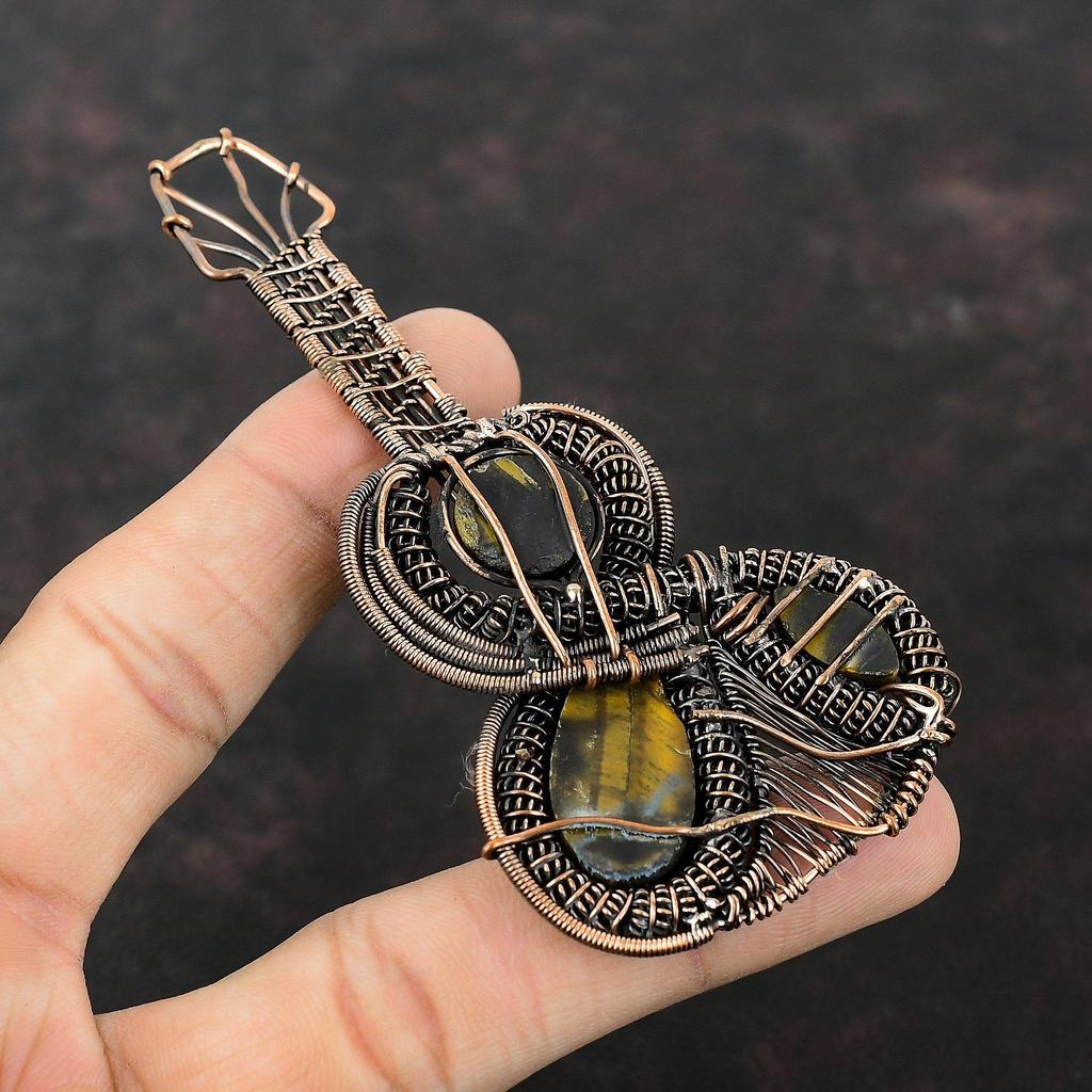Tiger's Eye Pendant Copper Wire Wrapped Pendant Guitar Pendant Gemstone Tiger's Eye Jewelry Handmade Pendant Anniversary Gift Copper Jewelry