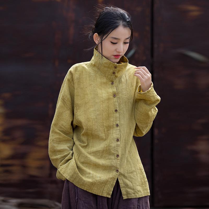 Women's Winter Tie-Dye Ramie Cotton Cardigan - Loose, Semi-High Collar Shirt in National Style.